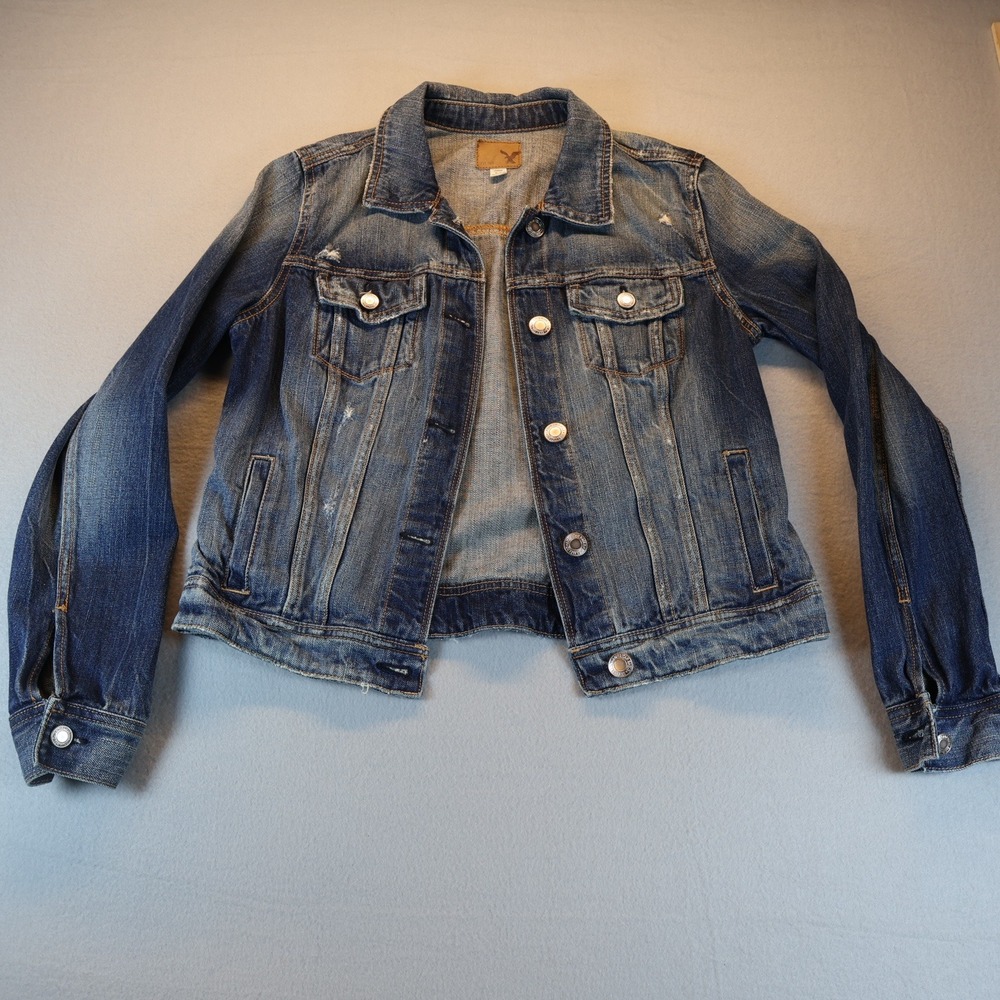 American Eagle Outfitters Womens Medium Wash Distressed Denim Jacket Size M